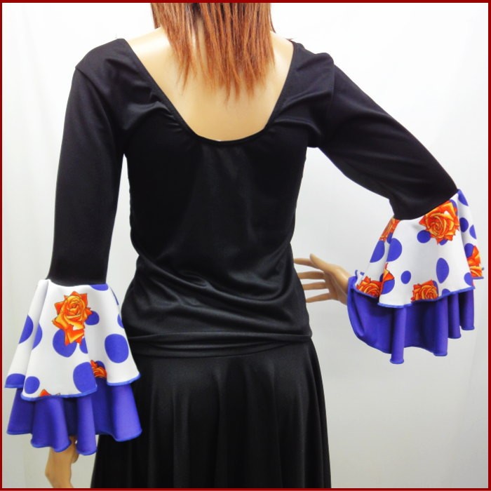 フラメンコ衣装 小さいサイズ S〜M トップス (スペイン製)2段フリル 水玉 ダンス衣装 カットソー 長袖Tシャツ 7分丈 紫 オレンジ  ミカドレス(sfy11)sty11