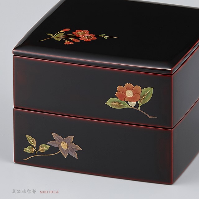 輪島塗 重箱 小重二段 （5寸隅立胴張形） 外溜内朱 四季草花蒔絵 : 7062