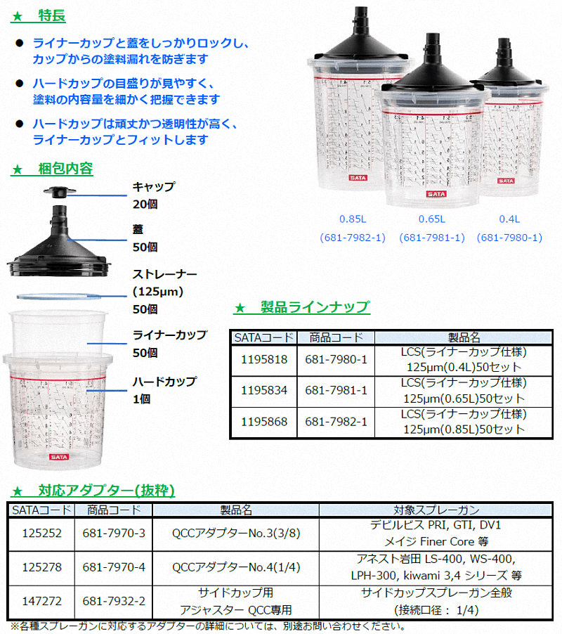 専用 塗料、塗装 SATA LCS(ライナーカップ仕様) 125μm(0.85L)50セット