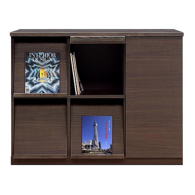 ディスプレイラック 幅120cm  本棚 木製 扉 国産 収納 棚 リビング収納 本 オープン キャビネット 裏面化粧 フラップ扉 フラップチェスト マガジンラック |  | 03