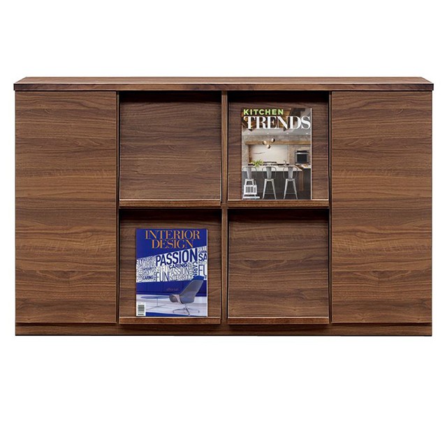 ディスプレイラック 幅150cm  本棚 木製 扉 国産 収納 棚 リビング収納 本 オープン キャビネット 裏面化粧 フラップ扉 フラップチェスト マガジンラック |  | 02