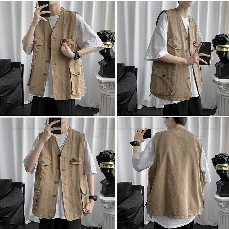 作家様　一点もの　ベスト　トップス　ジレ　アウター 送料無料 ベスト メンズ ジレ アウター 無地 前開き ワーク風