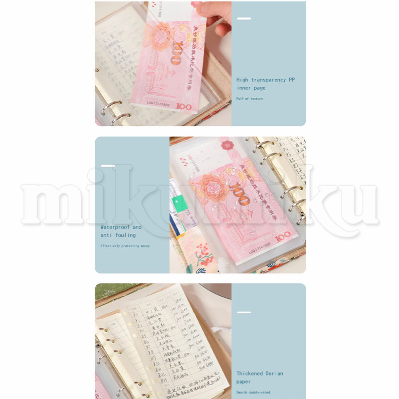 家計簿 植物柄 刺繍 布 A6サイズ ルーズリーフ 90枚収納 チャック袋5枚