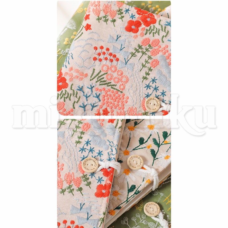 【高級】花柄刺繍 房 付 座布団 5枚 革製収納袋付 家計簿 植物柄 刺繍 布 A6サイズ ルーズリーフ 90枚収納 チャック袋5枚
