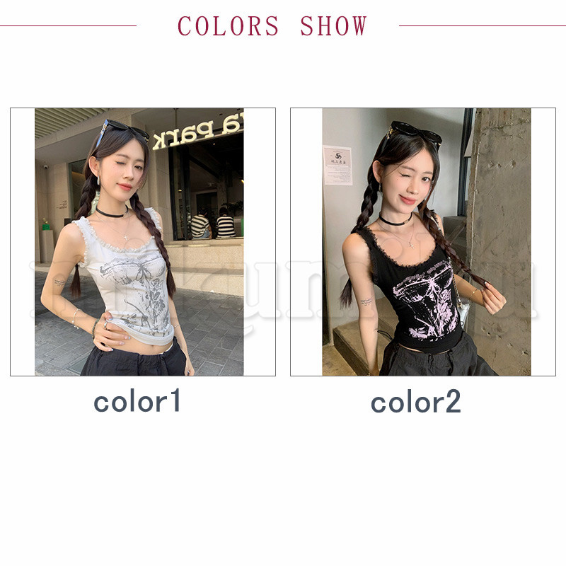 Tシャツ タンクトップ ベスト 英文字 レース プリント