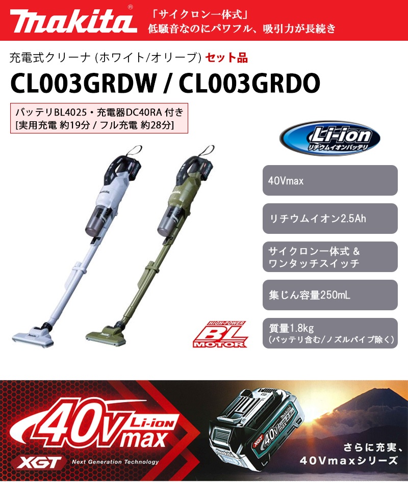 マキタ 40Vmax サイクロン一体式 充電式クリーナ セット品 【CL003GRDW