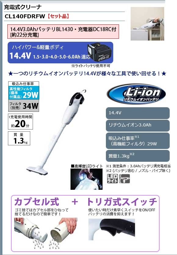 マキタ（makita） 充電式クリーナー 14.4V ＜CL140FDRFW＞家庭用掃除機