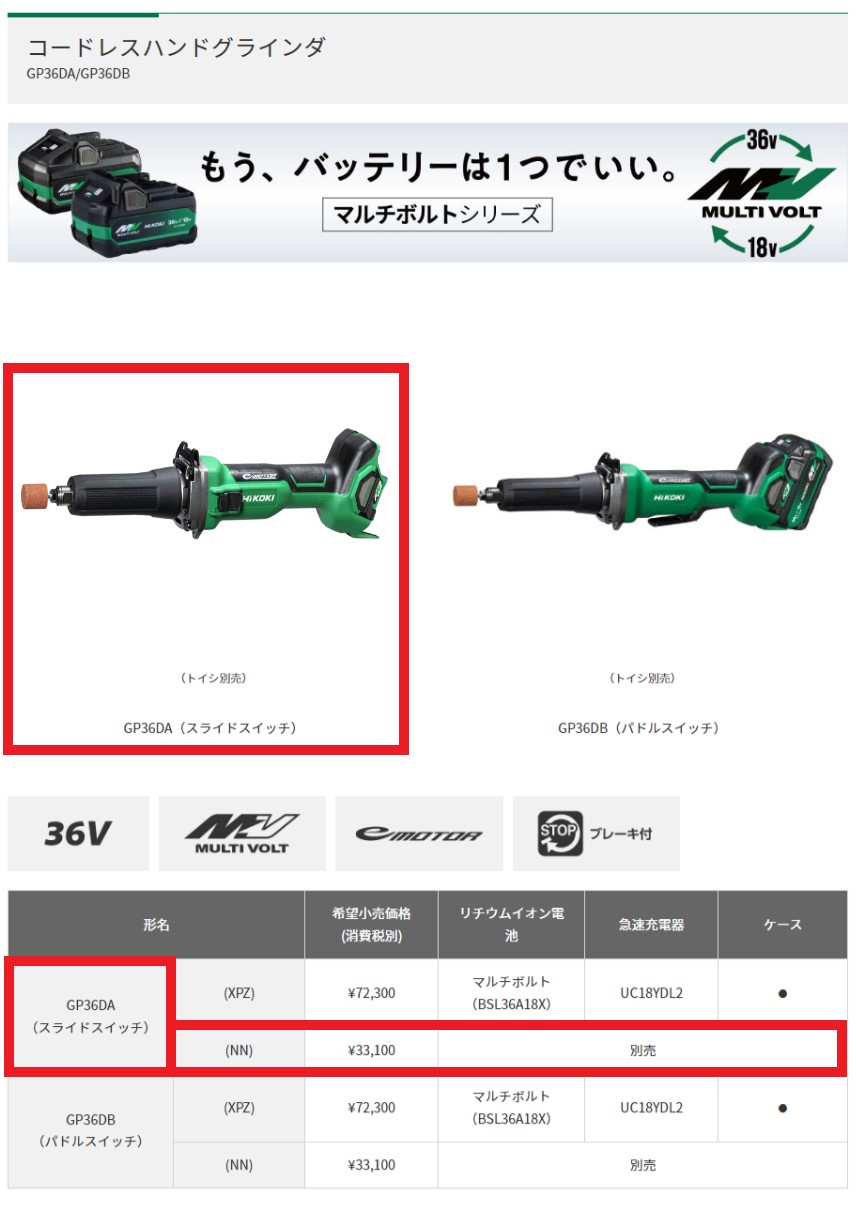 HiKOKI（ハイコーキ） コードレスハンドグラインダ 36V ＜GP36DA(NN 