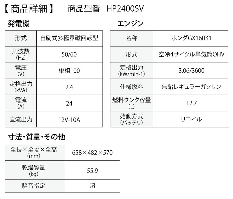 宅送] 北越工業 ポータブルインバータ発電機 2.4kVA HP2400SV-A1 discoversvg.com