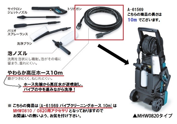 マキタ 高圧洗浄機(MHW080D/0810/0820)用 パイプクリーニングホース 10ｍ ＜A-61569＞