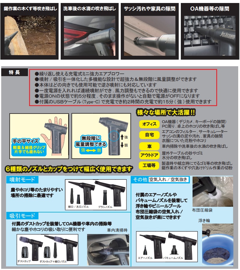 防サビ潤滑剤2本プレゼント】JetStream 充電式ミニ強力エアブロワー
