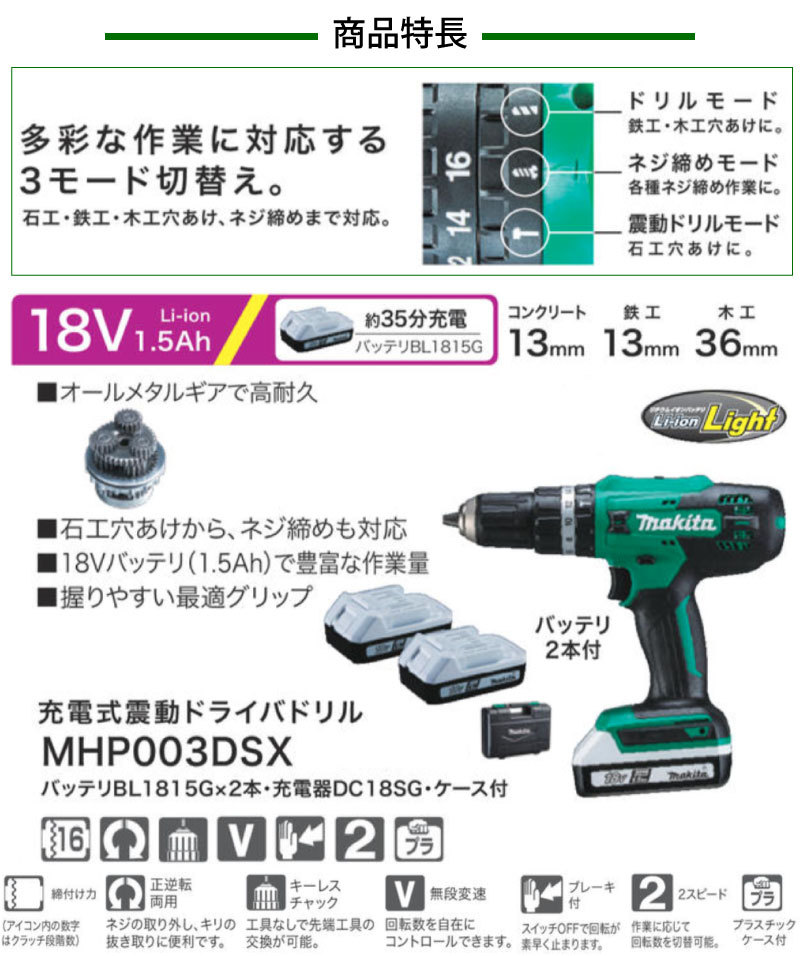 マキタ 充電式震動ドライバドライバ 18V 1.5Ah ＜MHP003DSX＞ バッテリ 充電器 ケース付 : 30000871 : カイノス  Yahoo!ショッピング店 - 通販 - Yahoo!ショッピング