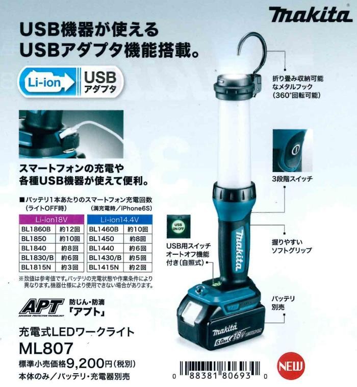 マキタ 充電式LEDワークライト 14.4/18V ＜ML807＞ 本体のみ バッテリ 