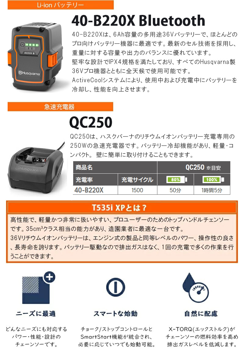 【新品・未使用】ハスクバーナ 充電式チェンソー T535iXP（バッテリー・充電器付属） ハスクバーナ（Husqvarna） 36V 5.2Ah バッテリーチェーンソー トップ