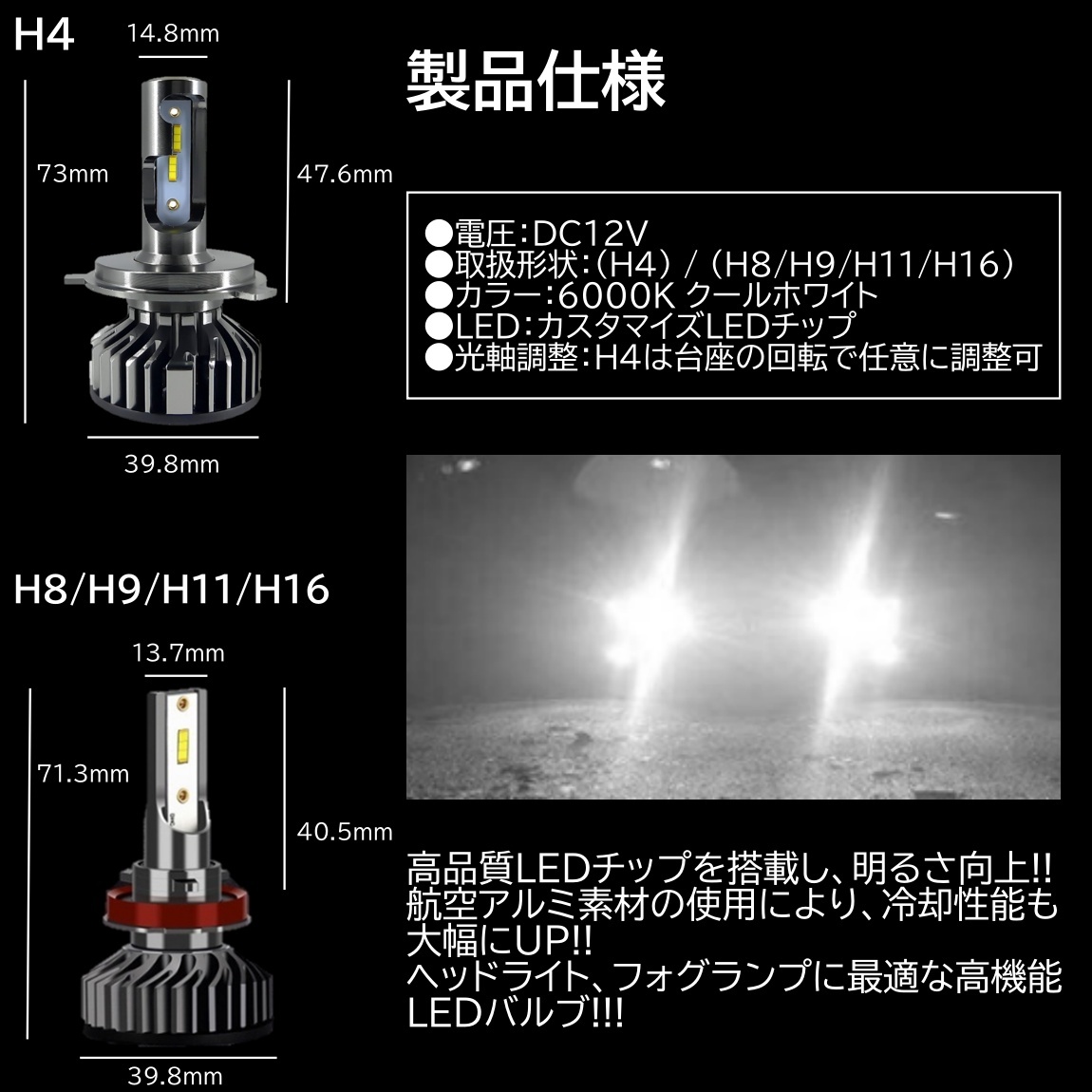 爆光 LED 16000LM H4/H8/H9/H11/H16 LEDヘッドライト フォグランプ 高