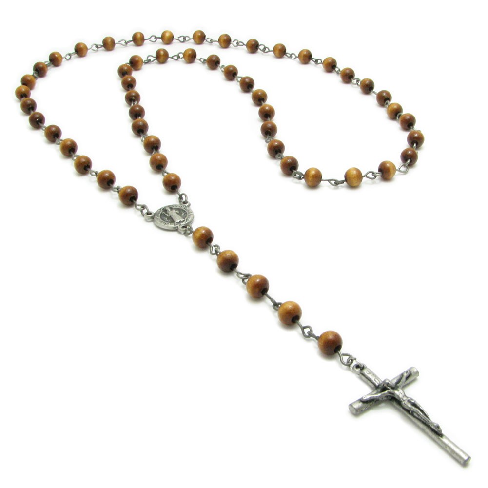 ネックレス ウッドビーズ シンプル ロザリオ アンティーク風 クロス