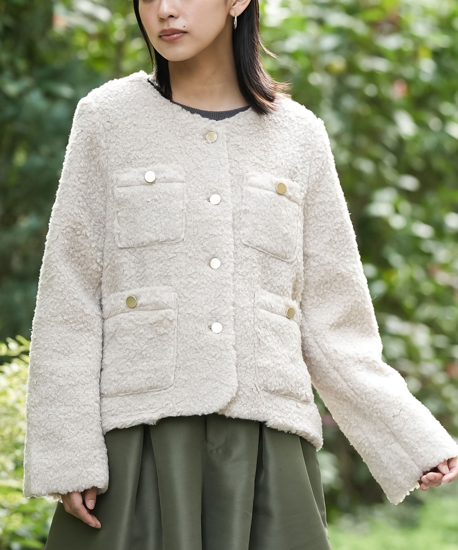 【LOLOLIKE /美品】ノーカラージャケット ボアベスト取り外し可付 BONLECILL（ボンルシール）の「マルチウェイ キルティングノーカラー