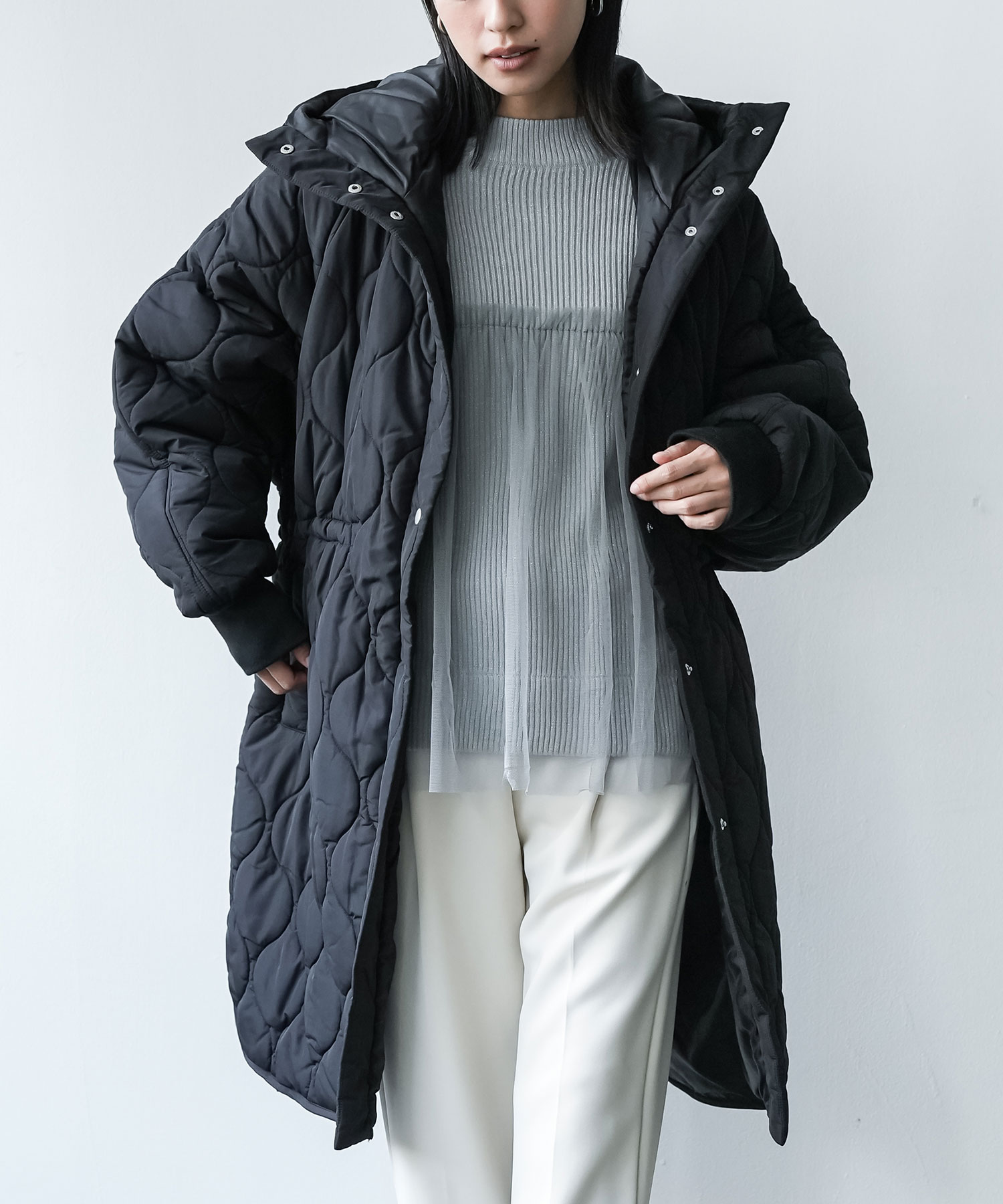 キルトフード付きコート 中綿ロングジャケット 中綿フード付きコート