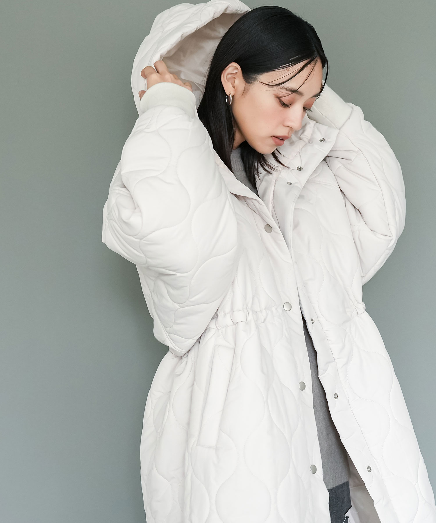 キルトフード付きコート 中綿ロングジャケット 中綿フード付きコート