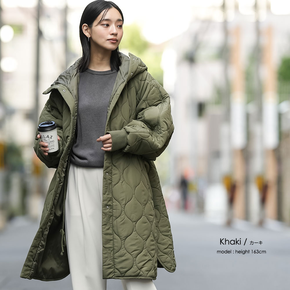 キルトフード付きコート 中綿ロングジャケット 中綿フード付きコート