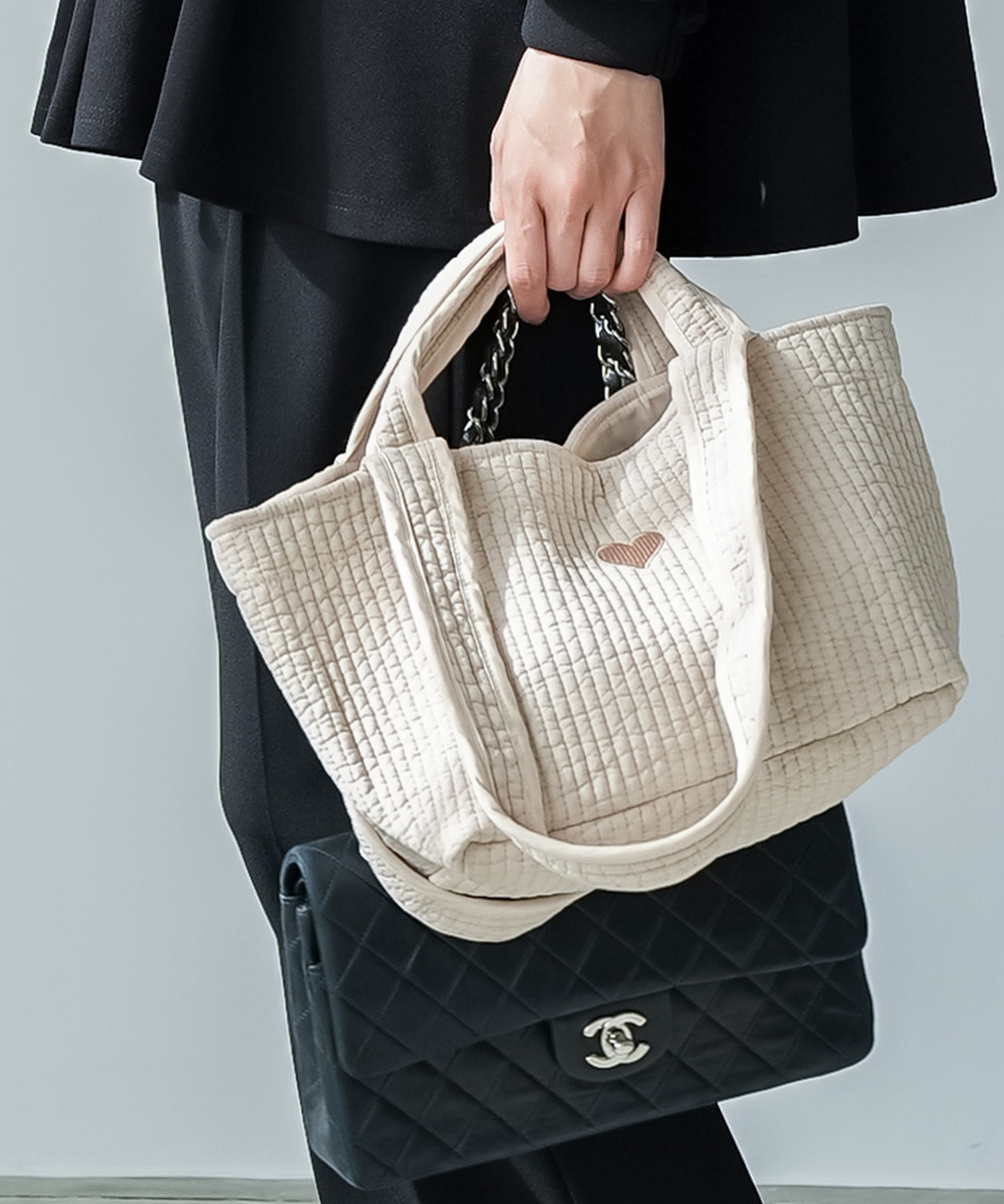 【JUNE】サイドポケット付きトートバッグL ハートステッチヌビキルト mili an deni（ミリアンデニ） ヌビバッグ キルティング ハート刺繍
