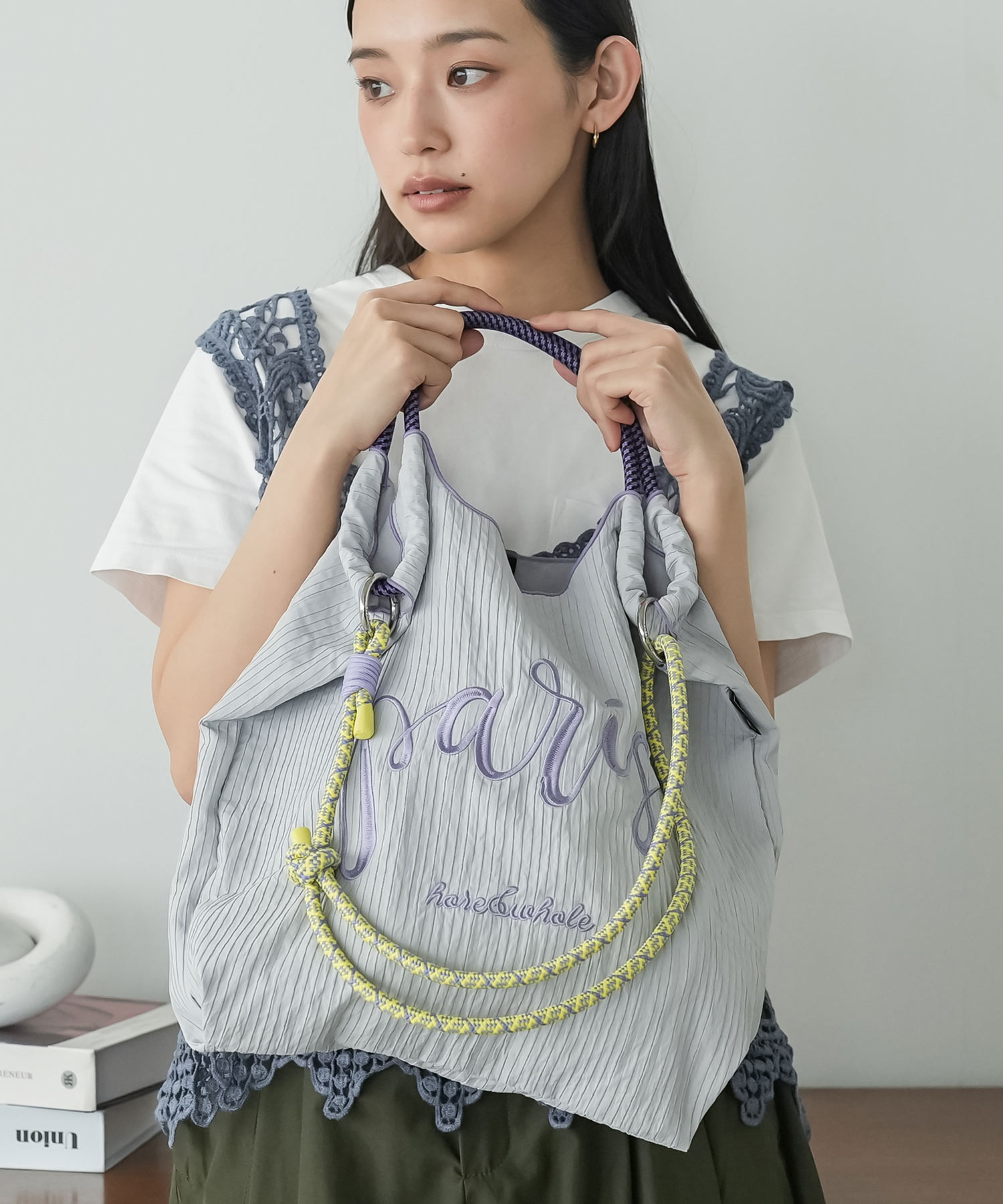 3WAYロゴ刺繍ロープトートバッグ 3WAY トートバッグ ロープ付き ロゴ刺繍 取り外し可能 インナーポケット Ａ４サイズ エコバッグ 軽量バック レディース 爆買の画像