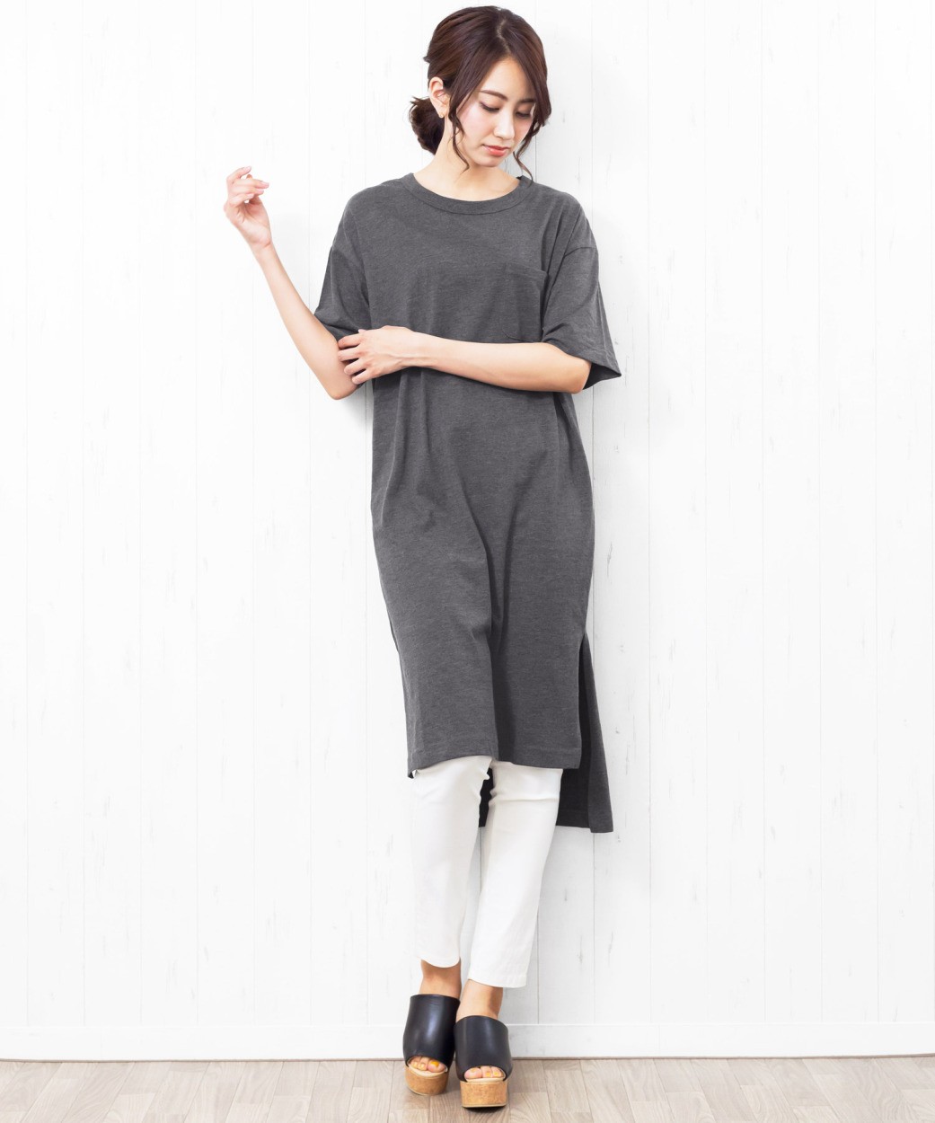 レディース ワンピース Tシャツ カットソー 半袖 スリット