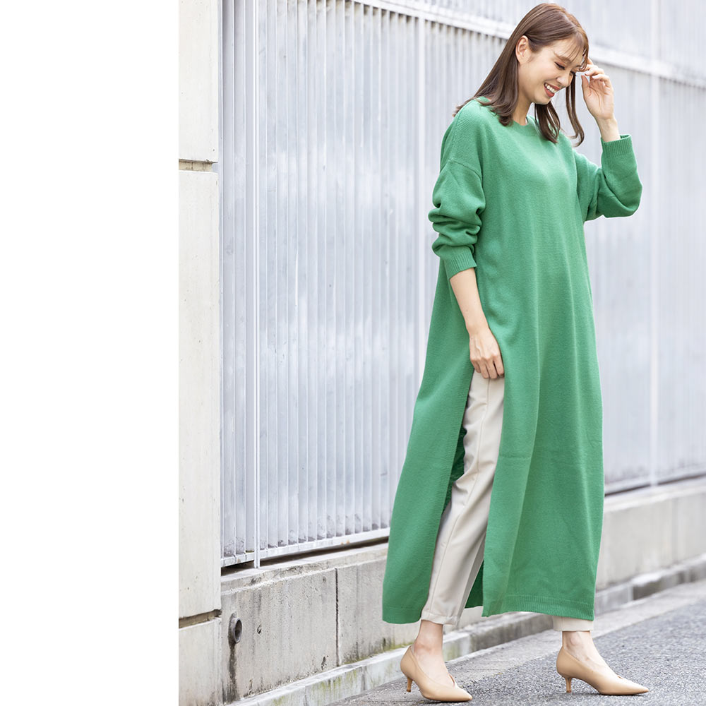 ニットワンピース レディース サイドスリット ロング丈 クルー