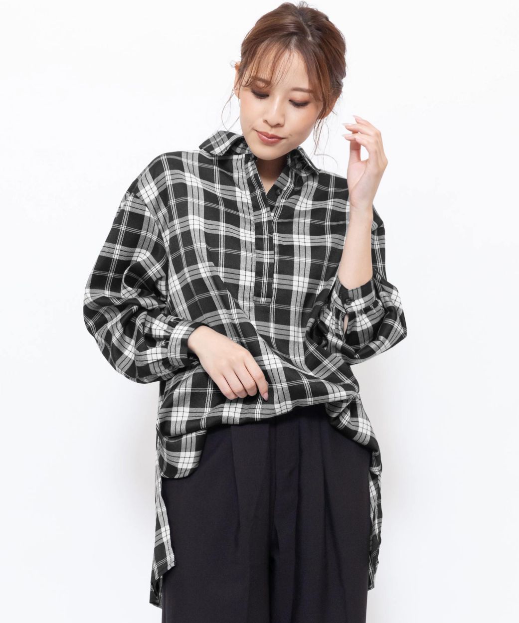 チェック柄ブラウス レディース トップス バックタックデザイン  