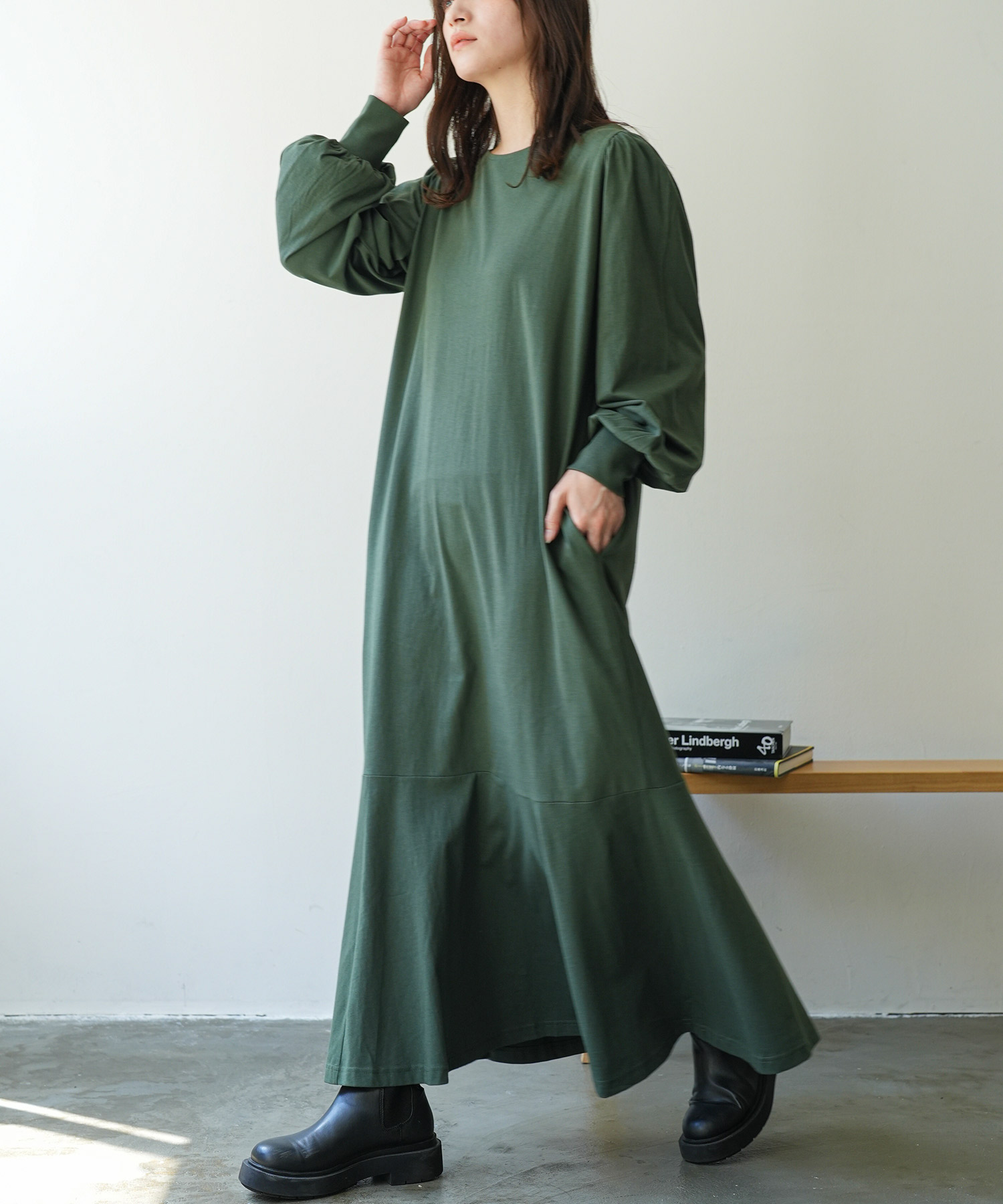 マーメイドラインワンピース レディース ロング丈 ハイネック コットン