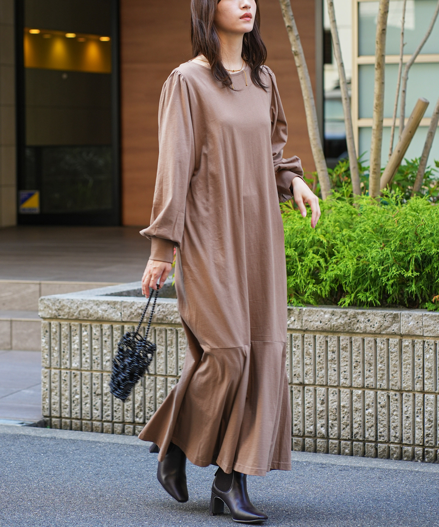 マーメイドラインワンピース レディース ロング丈 ハイネック コットン