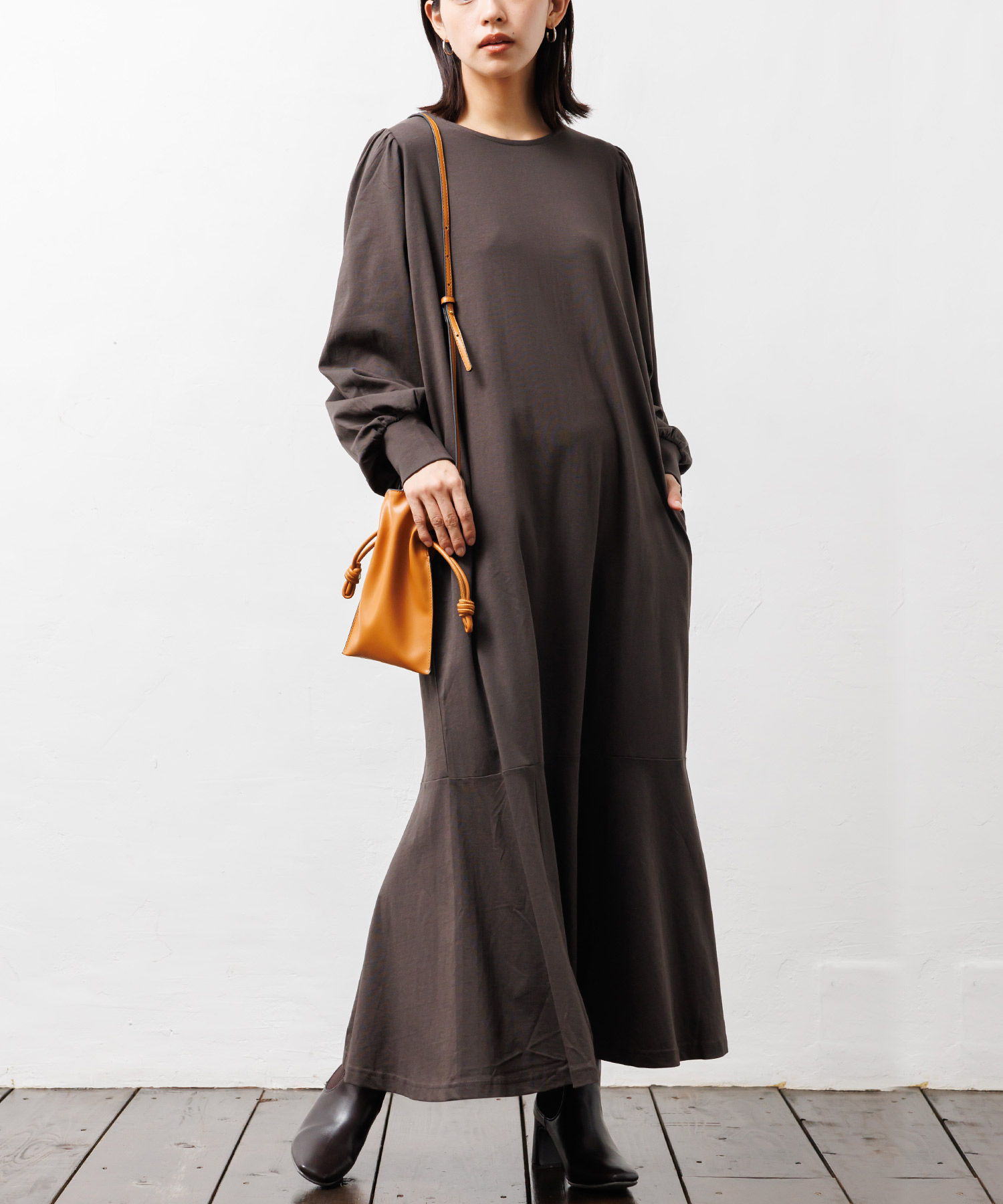 マーメイドラインワンピース レディース ロング丈 ハイネック コットン