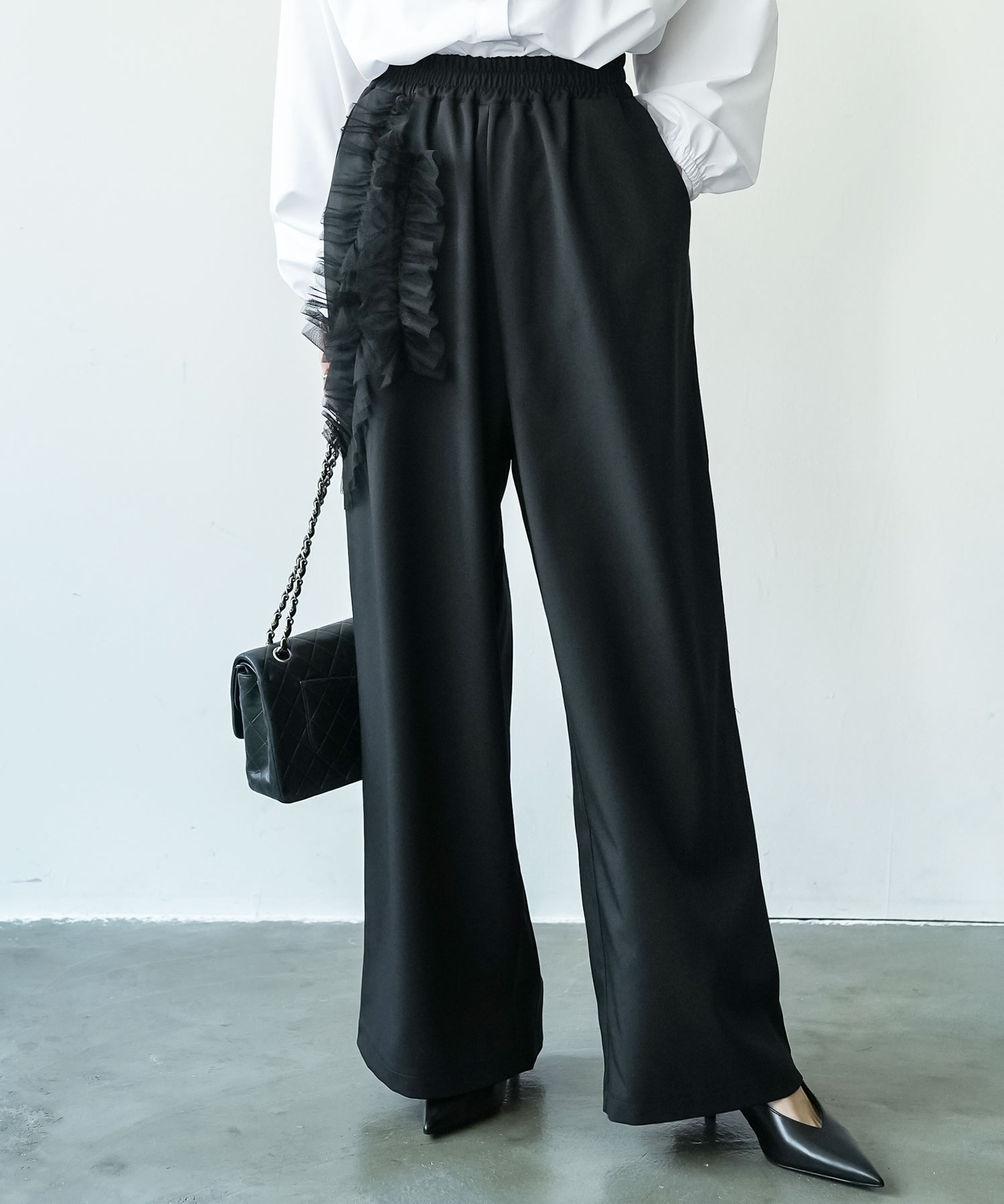 ワンサイドチュールフリルワイドパンツ ワイドパンツ ワンサイド