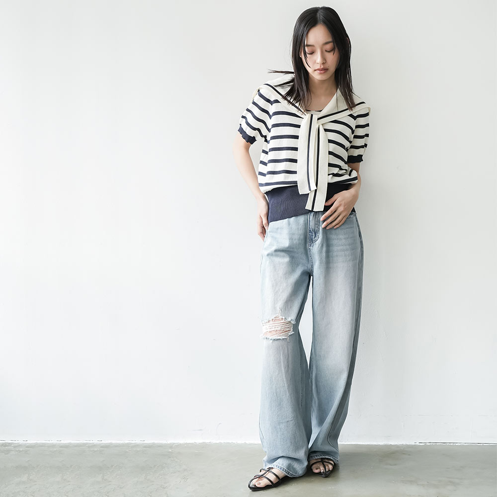 ダメージセミワイドデニムパンツ ストーンウォッシュ加工 ヒゲ加工