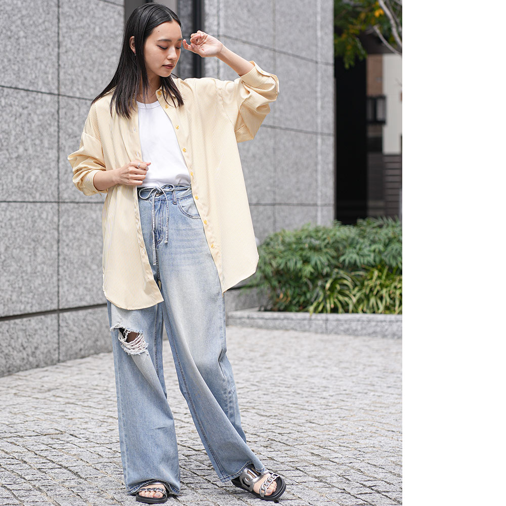 ダメージセミワイドデニムパンツ ストーンウォッシュ加工 ヒゲ加工