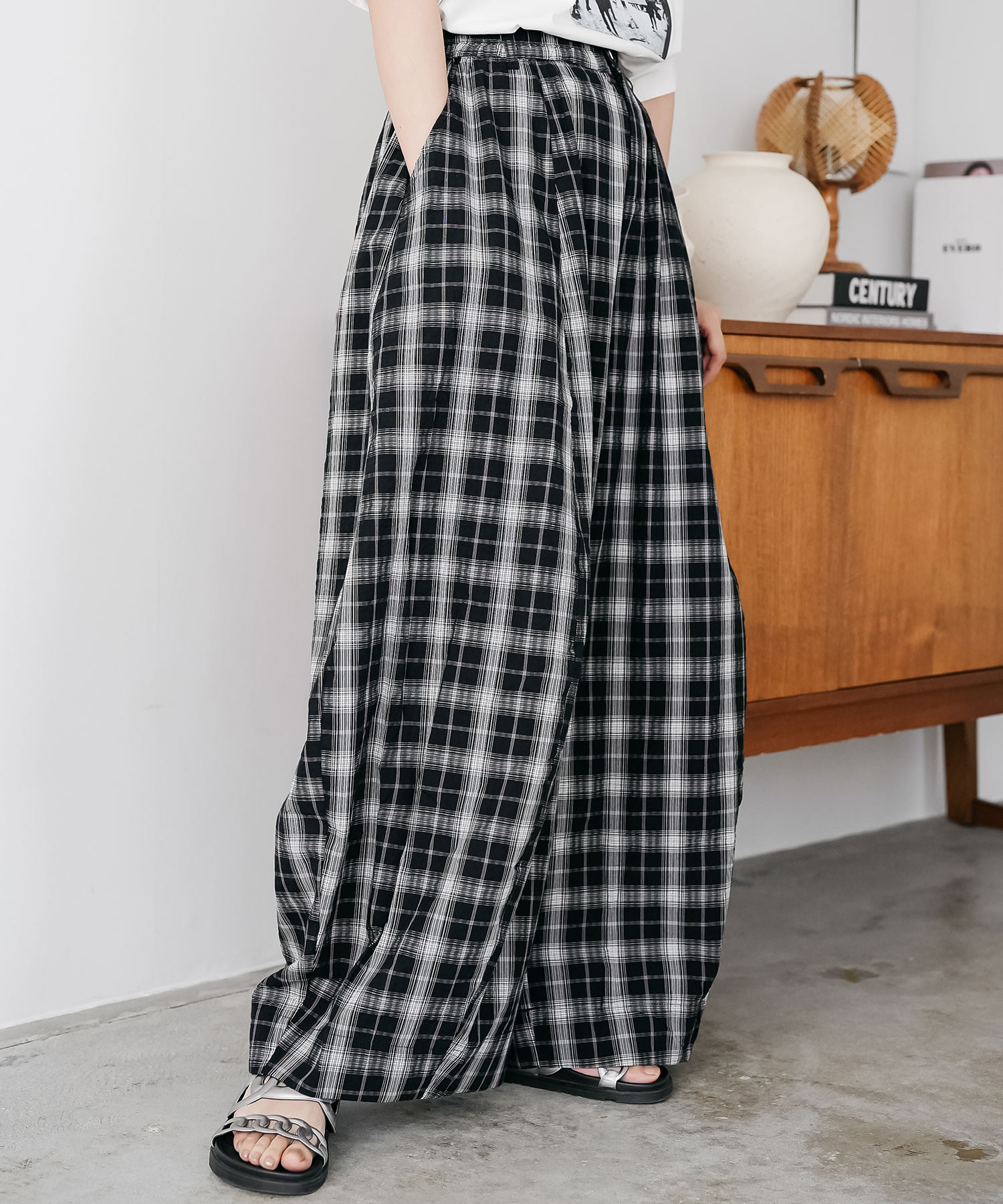 美品　ウエストリブ　チェック柄ワイドパンツ 美品 ウエストリブ チェック柄ワイドパンツ