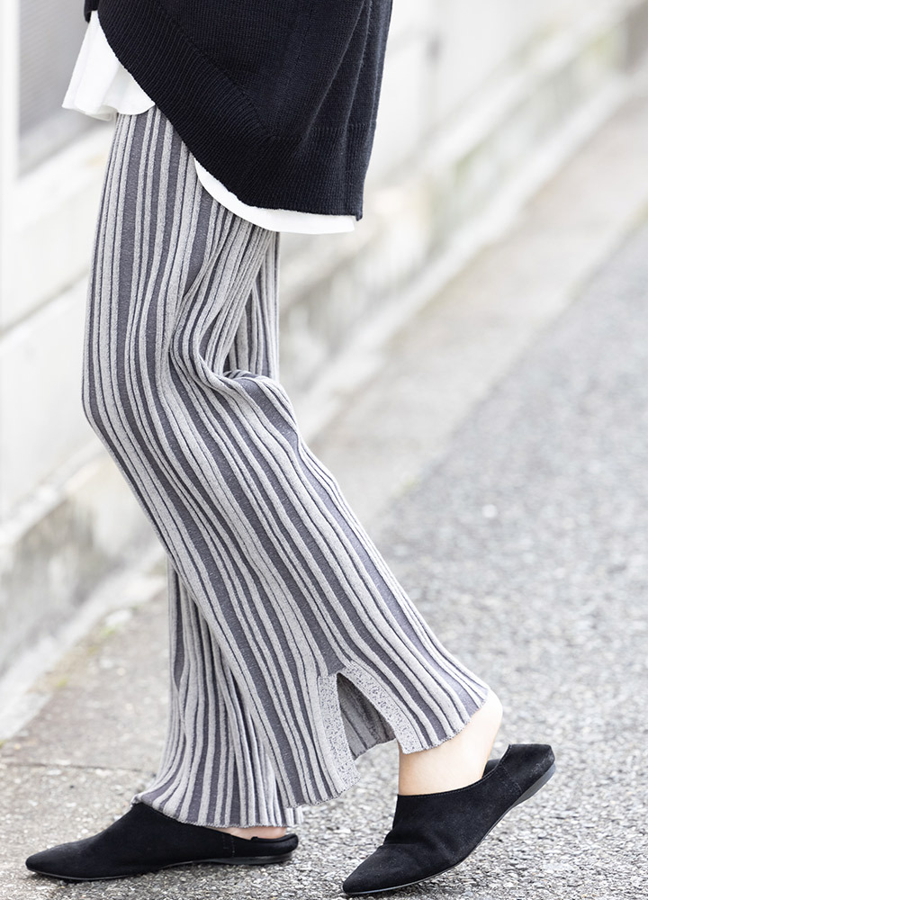 リブニットパンツ レディース ボトムス スリットパンツ ストレッチ素材 