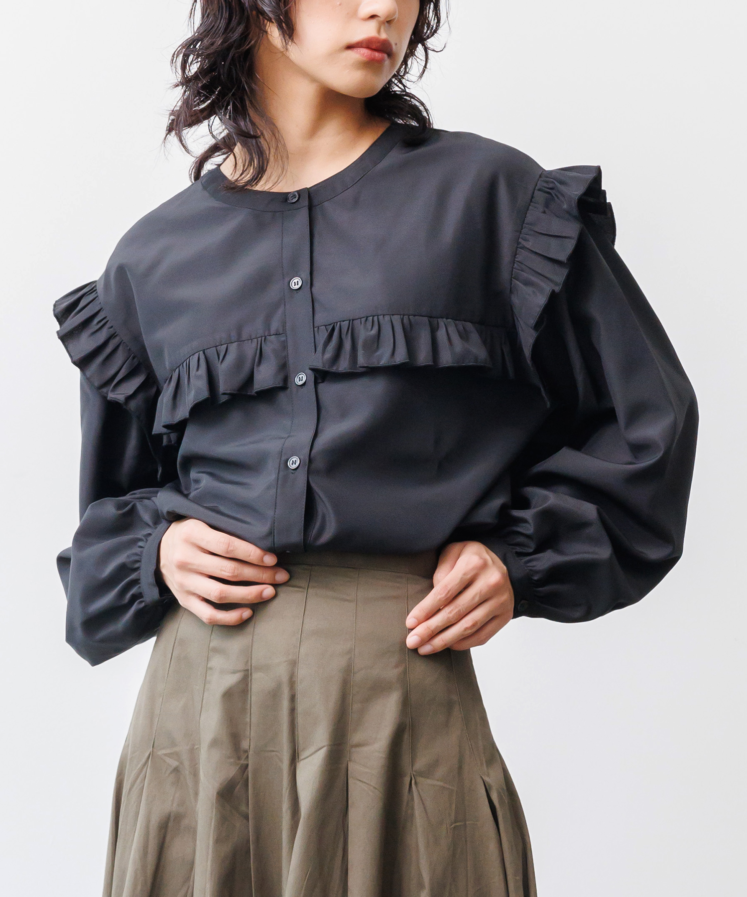 エステルブロードフリル切替ブラウス レディース トップス シャツ 長袖