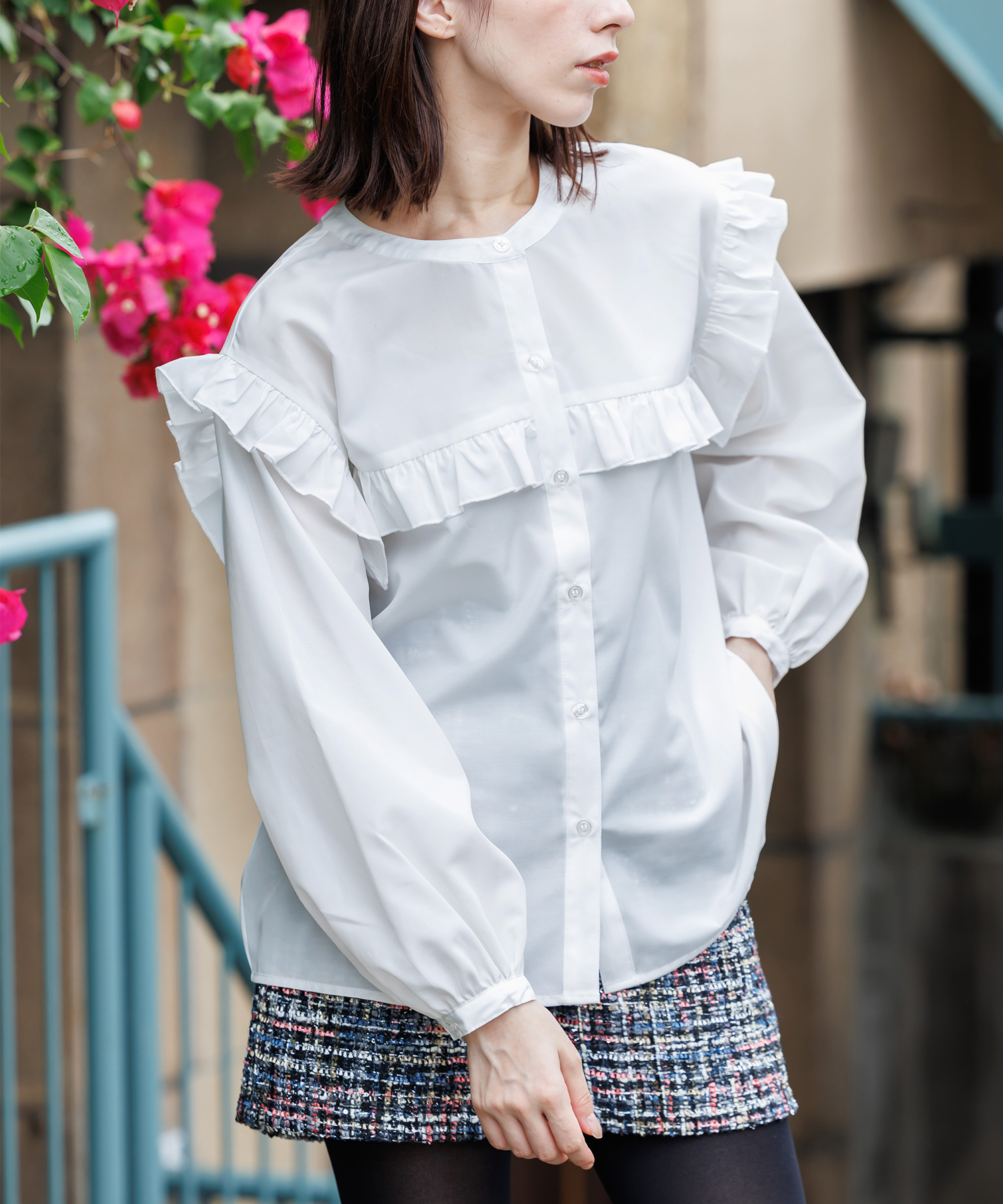 エステルブロードフリル切替ブラウス レディース トップス シャツ 長袖