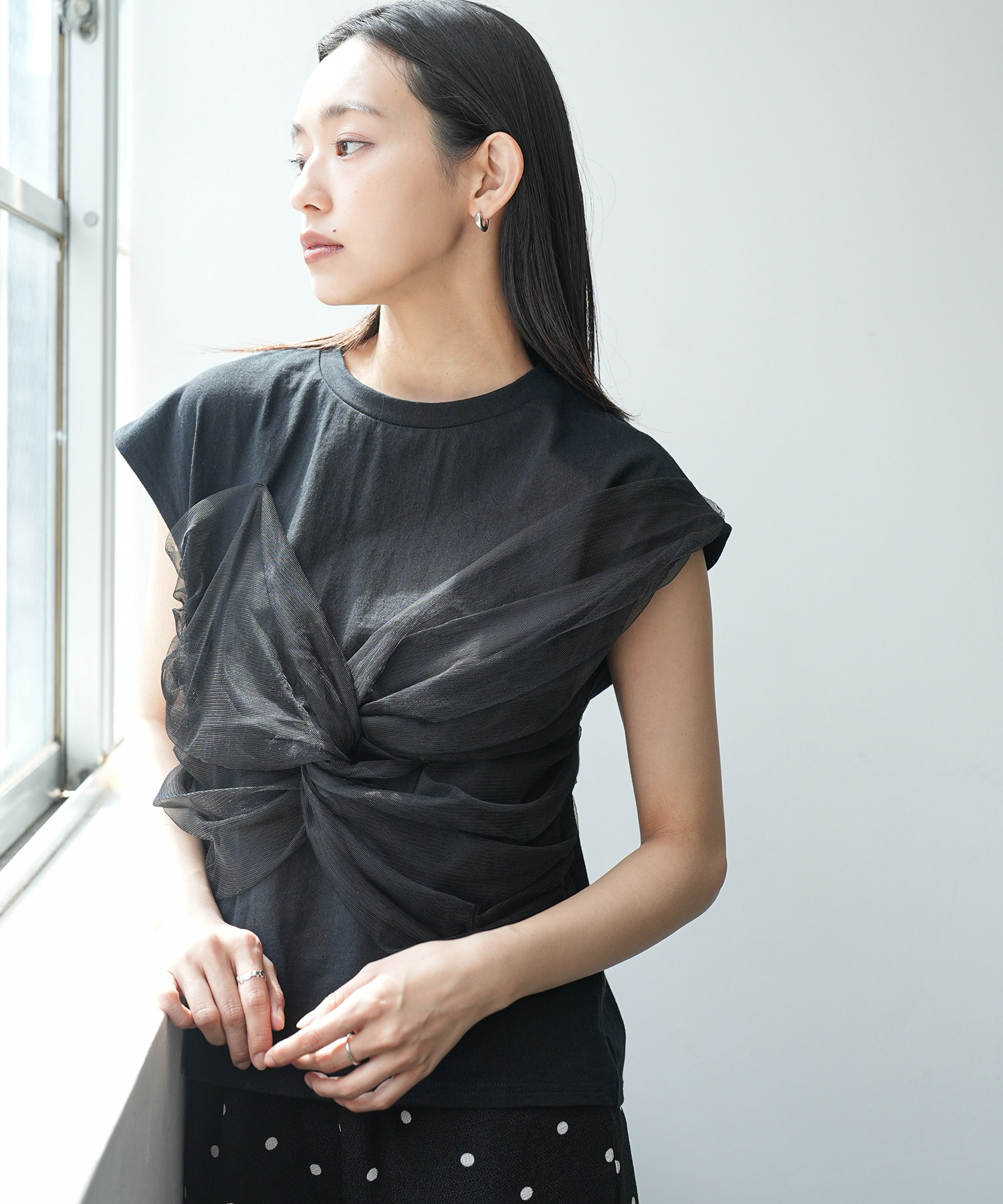 チュールリボンドッキングTシャツ フロントリボンチュール フレンチ