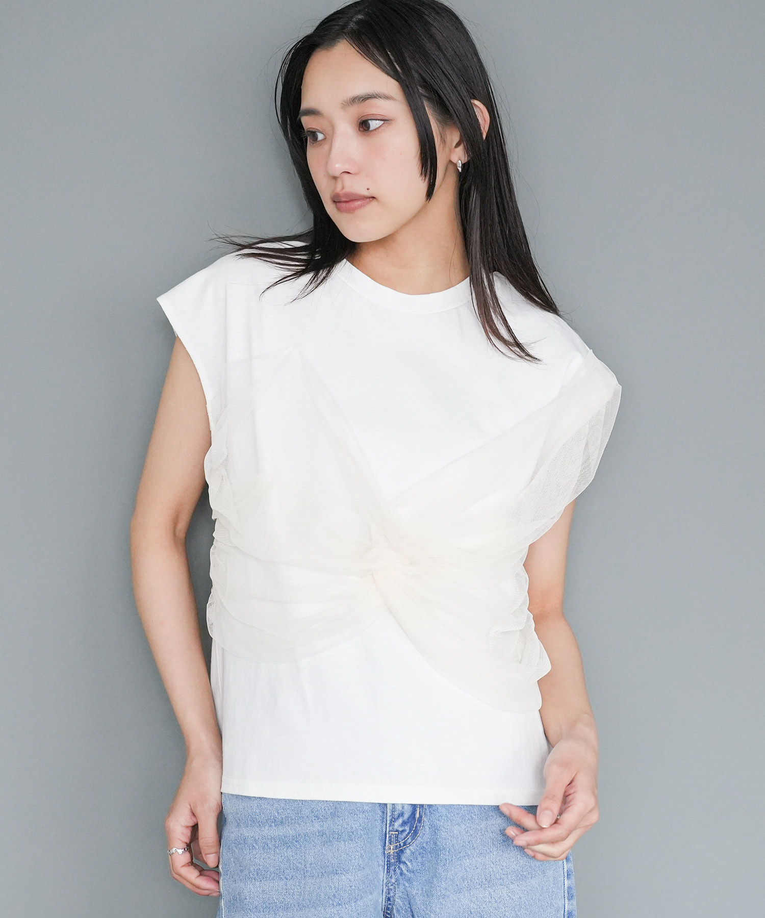 mili an deni（ミリアンデニ） チュールリボンドッキングTシャツ