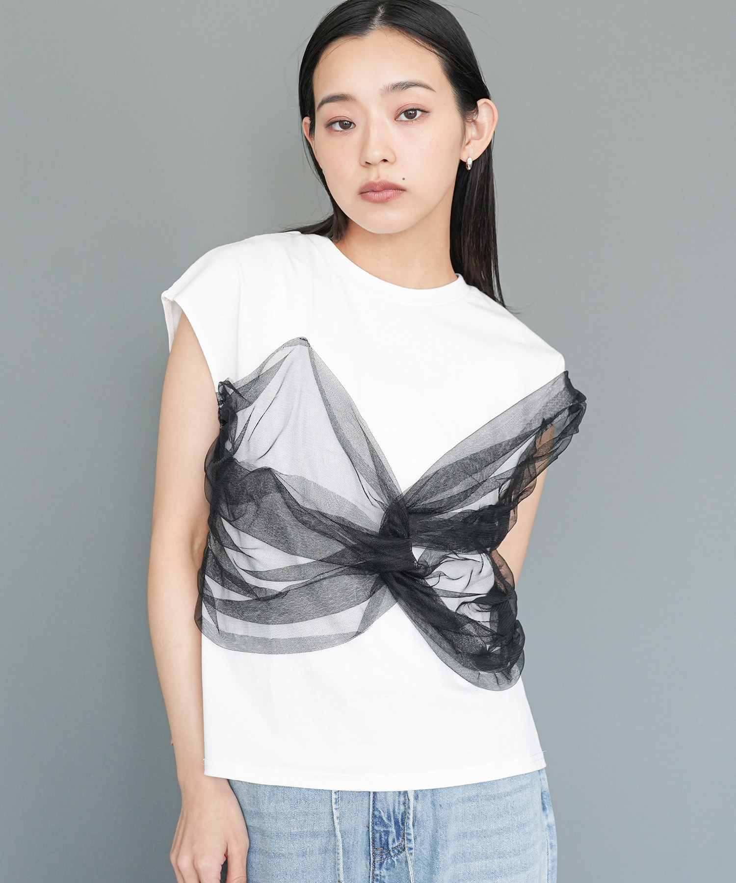 チュールリボンドッキングTシャツ フロントリボンチュール フレンチ