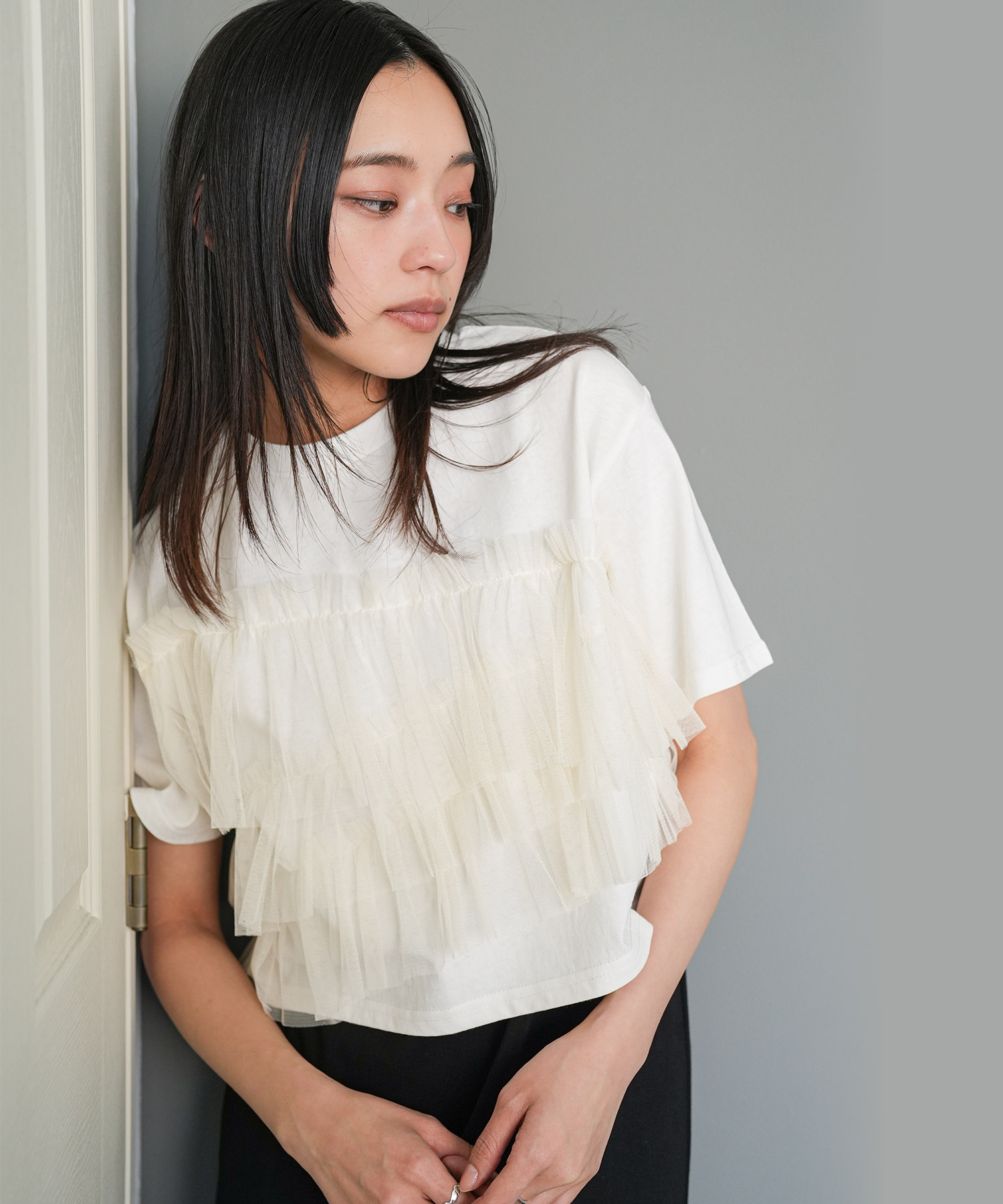 tシャツ TULLE DOCKING TEE レディース フリルチュールドッキングTシャツ フロント3段チュール 綿