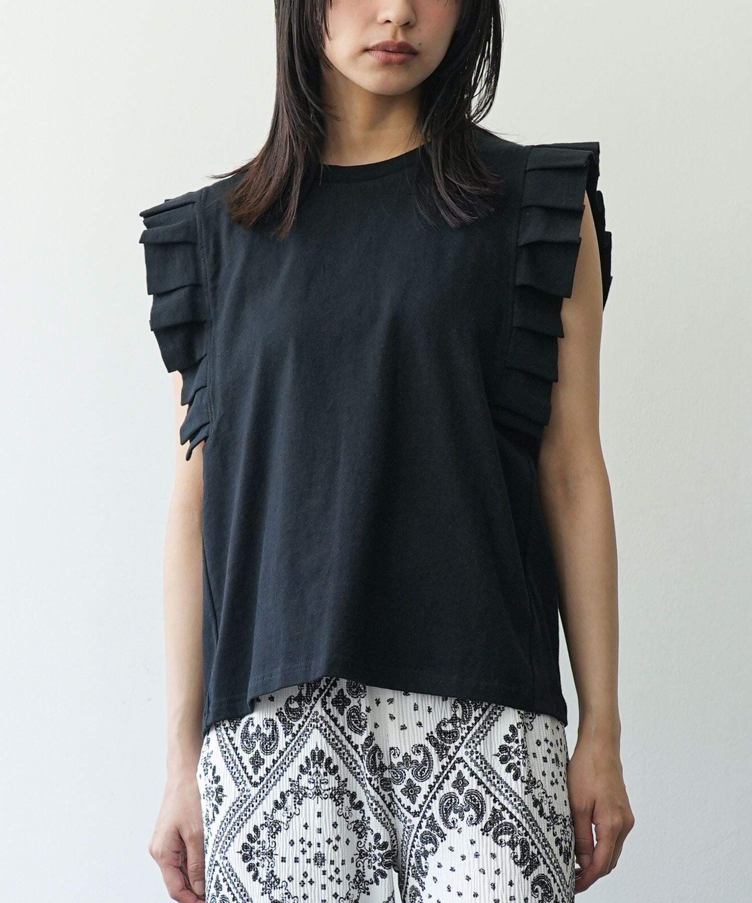 タックフリルノースリーブTシャツ タック袖T ショルダータック