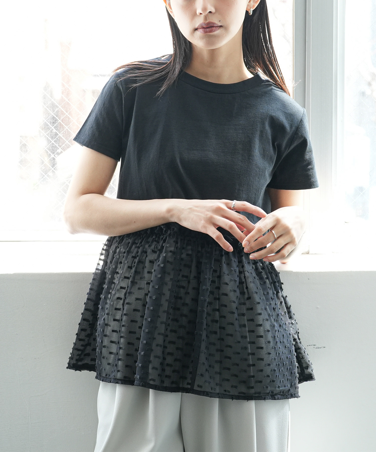 異素材ペプラムTシャツ ペプラムT クルーネック 綿100％ ドット  