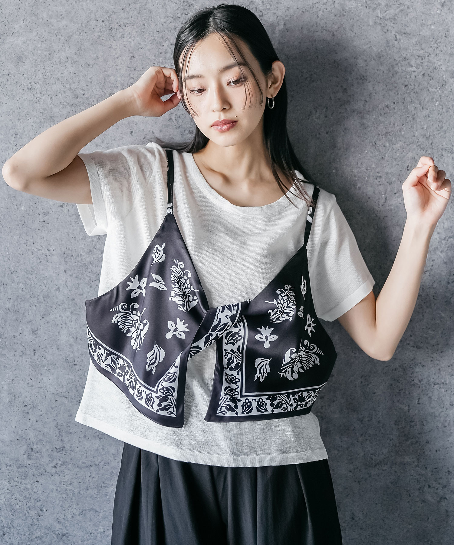デザイントップス半袖1013BL meikeiin ハンドメイド バンダナキャミレイヤードトップス レイヤード風トップス シアーT