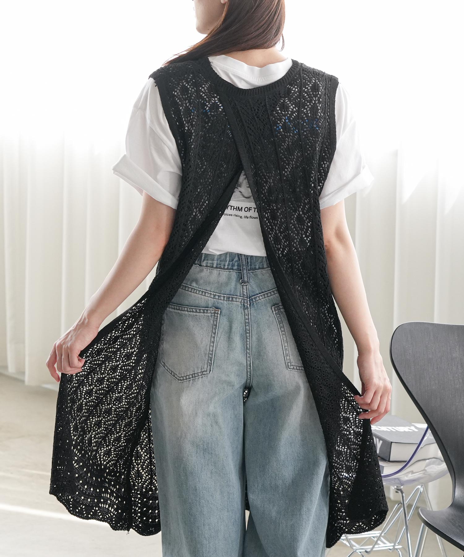 バックスリットノースリ透かし編みニットベスト ロングニットベスト バックスリット ベスト ジレ レディース ノースリーブ ゆったりサイズ ポイント消化 爆買 | mili an deni | 02