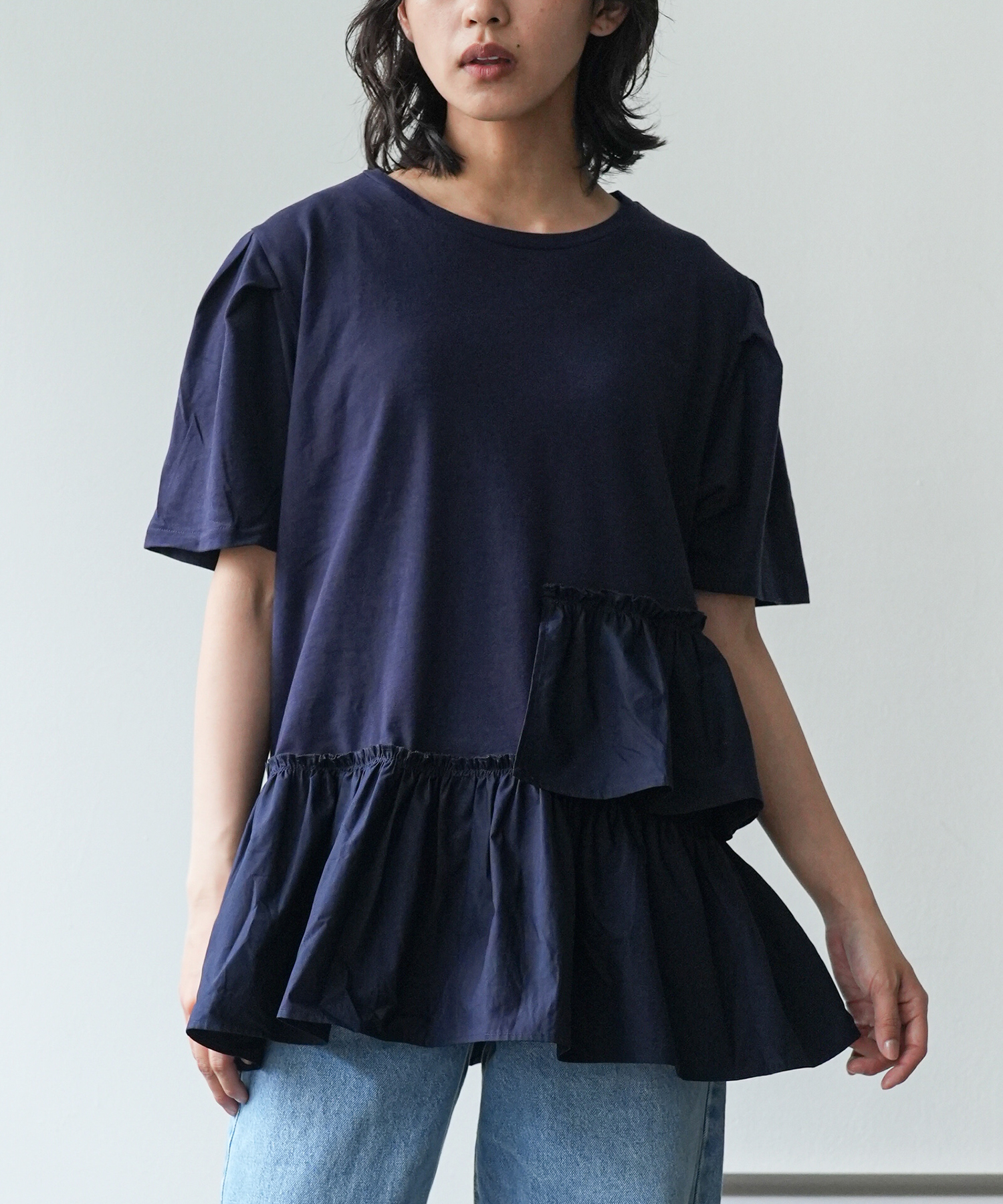 フリル異素材切替トップス レディース coca tシャツ 異素材切り替え2段フリルTシャツ レディース