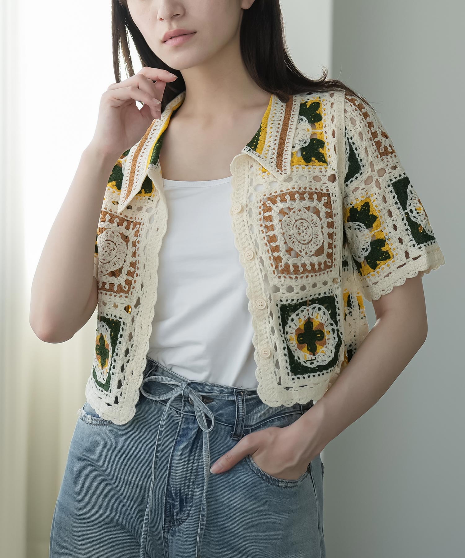 mili an deni（ミリアンデニ） 有色クロシェ襟付きカーディガン かぎ針