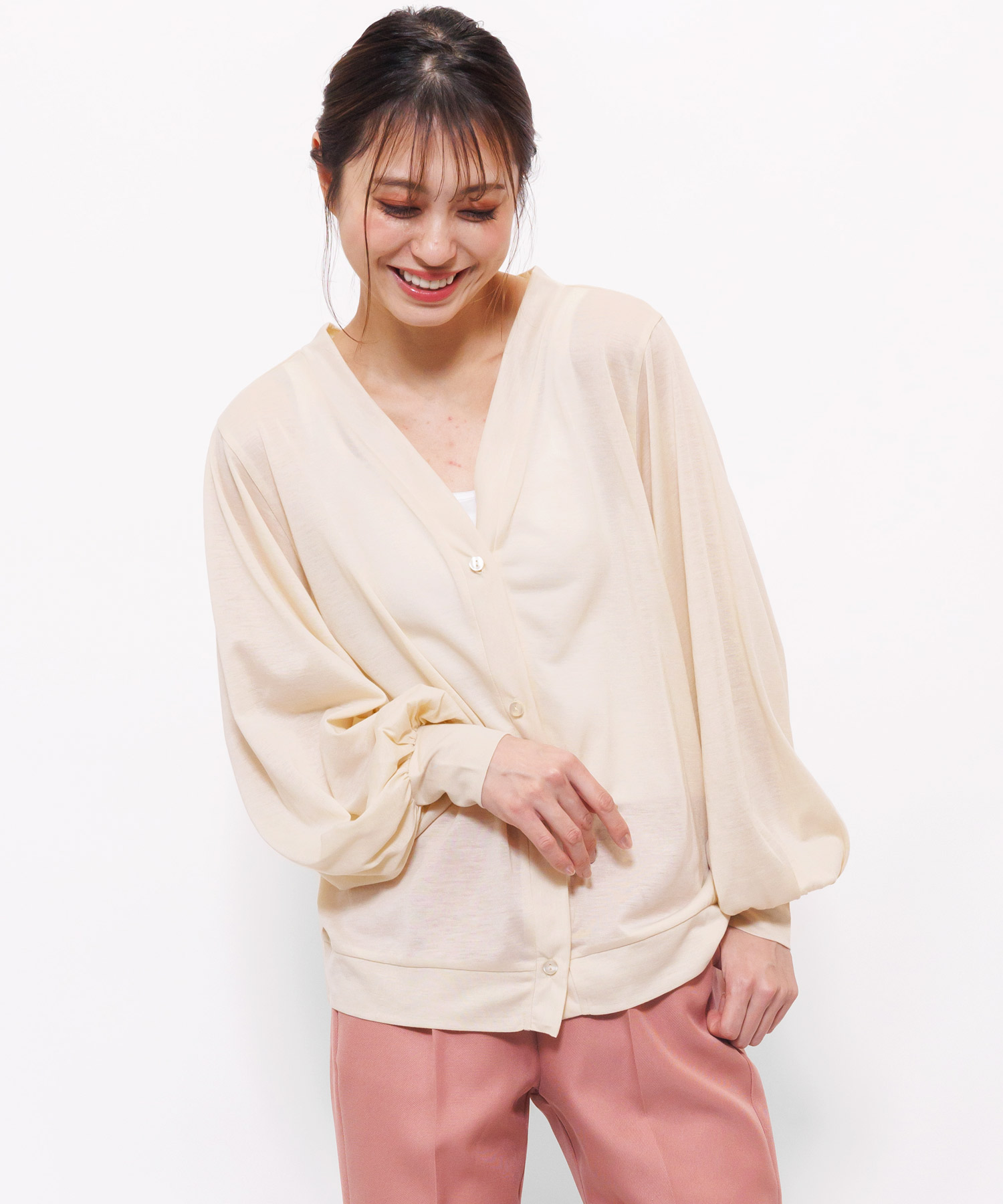 «overE» パフスリーブカーディガン ミルクティー90 AMBIDEX Store △AMOSSAミラノリブパフスリーブ カーディガン(F